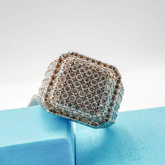 925 Sterling Sliver Moissanite Square Ring, 5.622ctw VVS Stones with Baguettes H - Picture 5 of 7